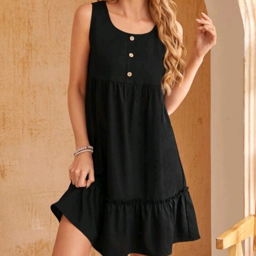 SHEIN Black Mini Dress with Button Detail